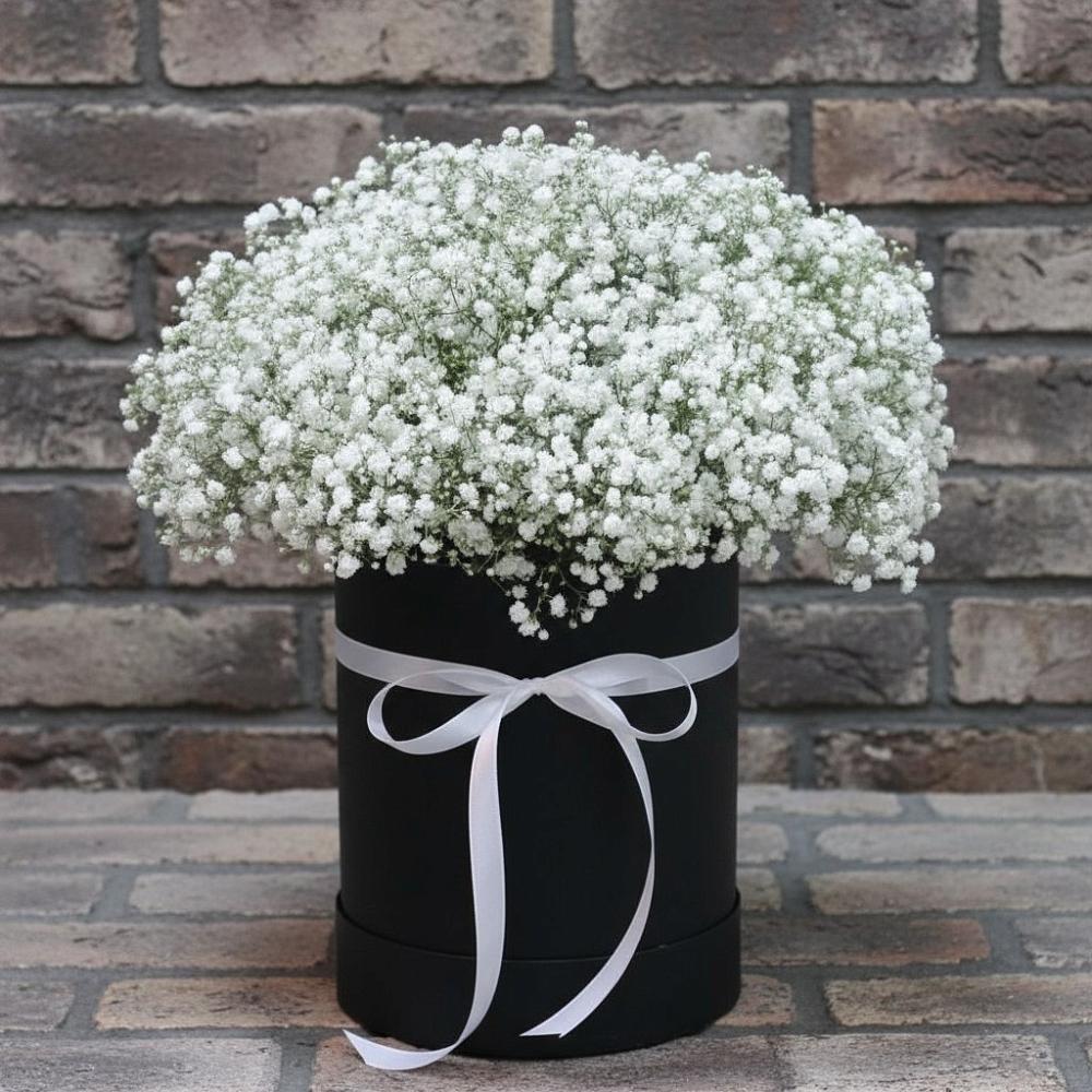 Цветочная композиция из Гипсофила в шляпной коробке в Мамедкалу