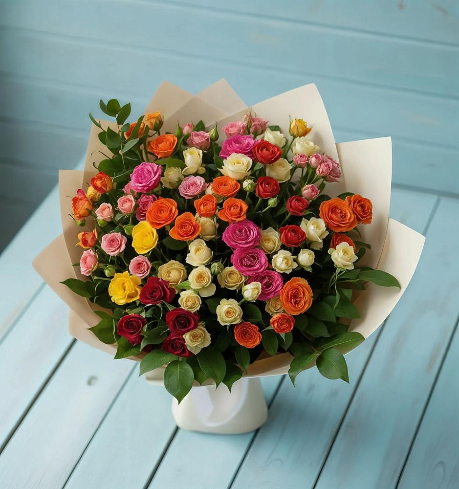 Букет Микс из разноцветных кустовых роз в Мамедкалу