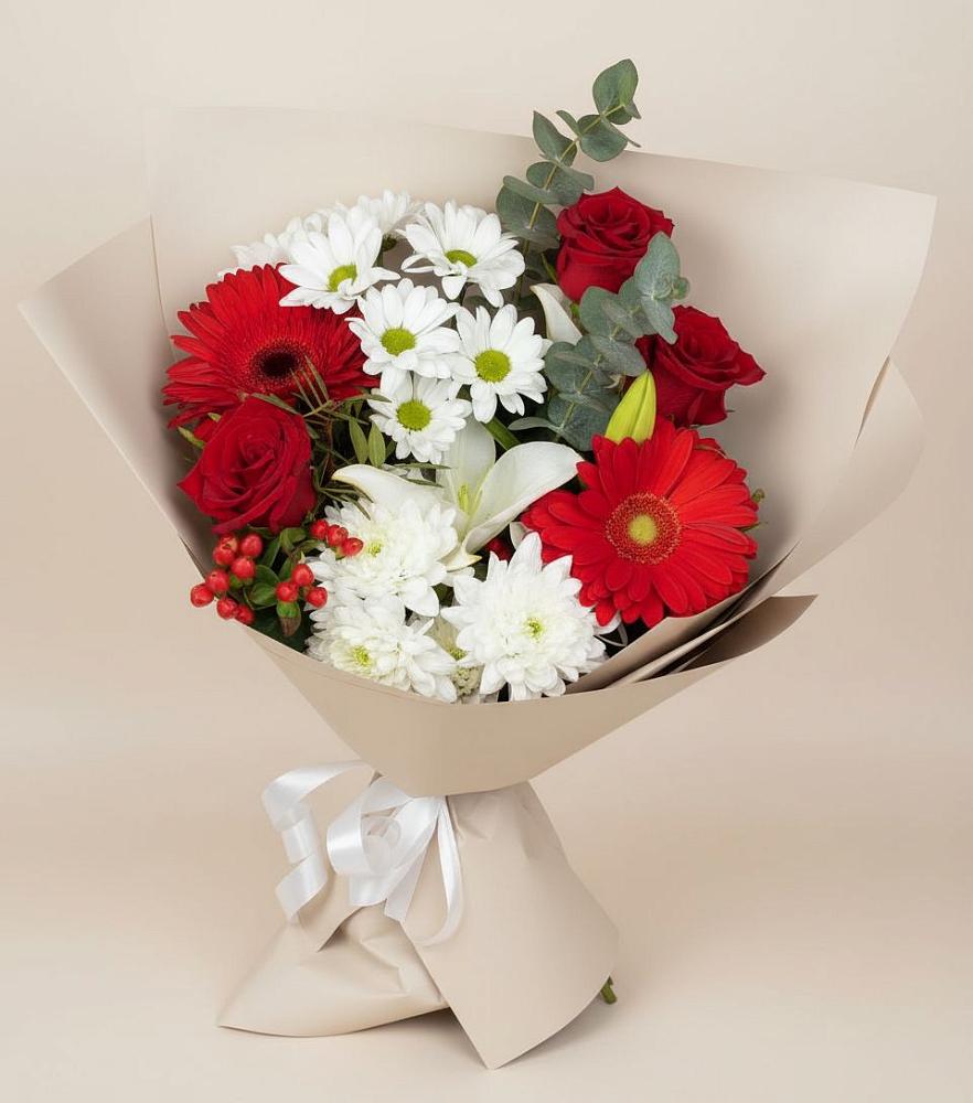 Букет цветов из: Розы, Хризантемы, Герберы и Лилии в Мамедкалу