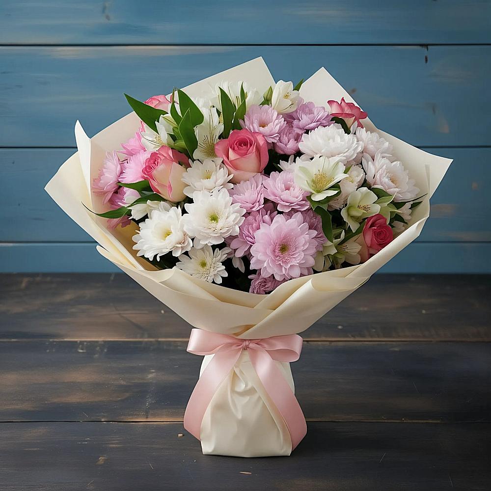 Букет цветов из: Хризантемы, Альстромерии и Розы в Мамедкалу